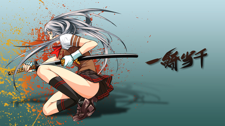 The way of the Samurai - anime girl, beautiful, hot, sword, beauty, long hair, uniform, katana, gray hair, cute, weapon, sexy, school girl