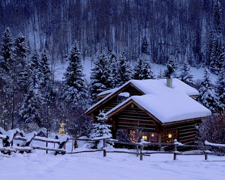 Home for the Holidays Colorado - snow, evergreens, fence, cabin