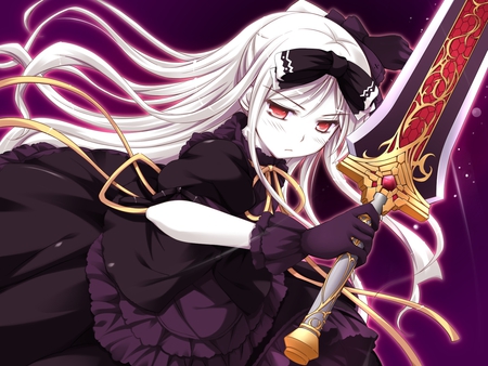 Shukufuku no Campanella - anime, dress, long hair, weapon, ribbons, game cg, anime girl, kocha, girl, sword, avril, gothic, cool, red eyes, shukufuku no campanella, sexy, gloves