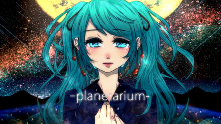 Planetarium - tears, aqua, colorful, music, anime girl, white, art, cool, aqua eyes, artistic, hatsune miku, hills, song, space, vocaloids, program, vocaloid, beautiful, blush, diva, beauty, nice, water, twintail, singer, aqua hair, mountains, black, virtual, pretty, idol, anime, green, miku, cute, moon, ocean, girl, crying, cg, hatsune, blue, awesome, digital, outfit