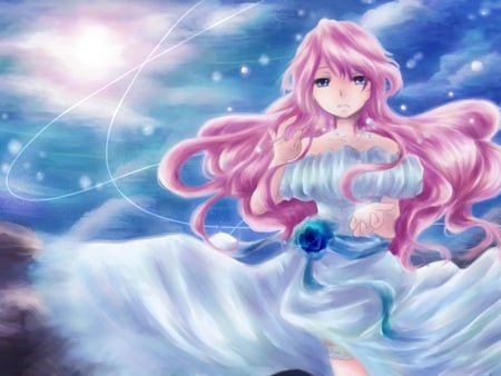 Megurine Luka - aqua, hot, sun, thighhighs, music, anime girl, white, art, cool, aqua eyes, artistic, sexy, light, song, vocaloids, program, glow, vocaloid, pink, beautiful, diva, dress, beauty, nice, sky, singer, rose, black, virtual, pretty, megurine luka, idol, clouds, anime, cute, megurine, hill, luka, sunlight, girl, pink hair, cg, blue, awesome, digital, flower