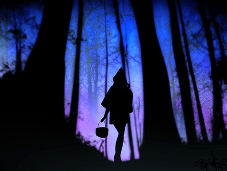 Beware of the big bad wolf - woman, trees, forest, blue, night, hood, basket