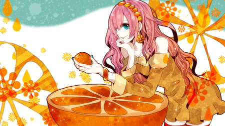 Orange - luka, pattern, fruit, white, 03, brown, vocaloid, blue, orange, ribbon, megurine, dress