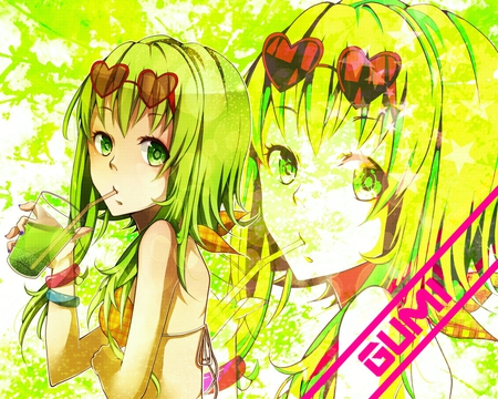 gumi - drink, swimsuit, female, shades, bikini, green, love, pink