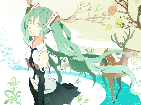 Hatsune Miku - aqua, headset, music, anime girl, white, art, cool, river, aqua eyes, artistic, hatsune miku, skirt, song, deer, vocaloids, program, vocaloid, beautiful, uniform outfit, wild, diva, beauty, nice, thighhigsh, water, twintail, aqua hair, singer, black, virtual, brown, pretty, idol, anime, miku, tree, cute, girl, cg, hatsune, microphone, headphones, tie, awesome, digital