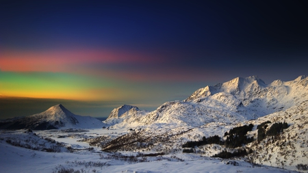 winter - beauty, sky, trees, peaceful, mountains, sunset, other, view, amazing, clouds, landscape, winter, nature, snow, beautiful, splendor, colors