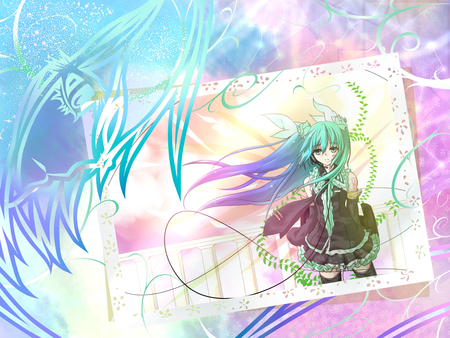 Hatsune Miku - aqua, hot, thighhighs, music, anime girl, stockings, white, art, cool, aqua eyes, artistic, hatsune miku, sexy, skirt, light, song, vocaloids, program, glow, vocaloid, pink, beautiful, uniform, diva, beauty, nice, twintail, singer, aqua hair, long socks, black, virtual, pretty, idol, anime, miku, cute, girl, sad, cg, hatsune, card, tie, awesome, digital, outfit