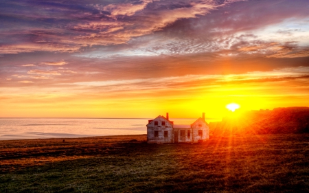 GOLDEN ENDING - sky, bright, field, house, sunset