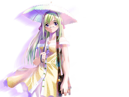 Girl - anime, dress, girl, blush, green hair, long hair, kawai, white, umbrella, glasses, cute, ribbons, blue eyes