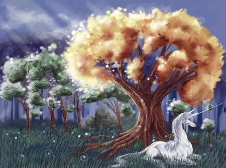 The last unicorn - last, horse, movie, animal, tree, fantasy, scene, unicorn