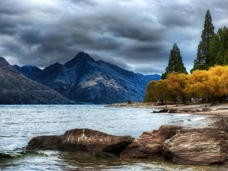 Nature Corner - clouds, trees, corner, river, nature, rainy, autumn, mountains, sky