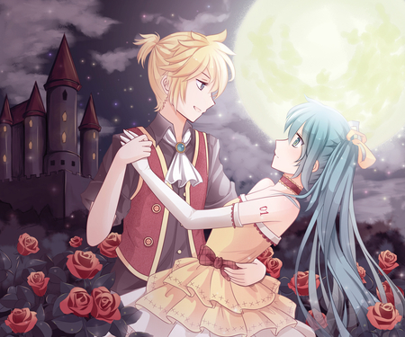 under the moonlight - volcaloid, hatsune miku, princess, red roses