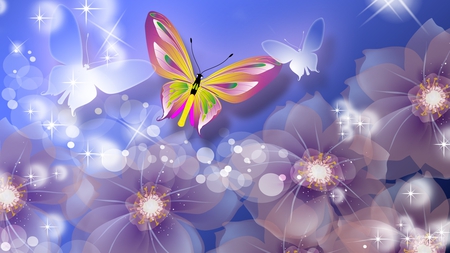 Flower Glow - stars, summer, shine, art, floral, blue, flowers, sparkles, firefox persona, butterflies, lavender