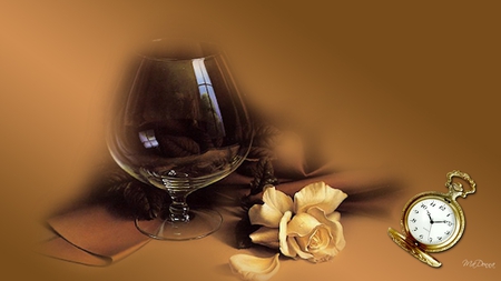 Rose and a Brandy - goblet, yellow, napkin, flower, firefox persona, brandy, pocket watch, vintage, snifter, rose, browns