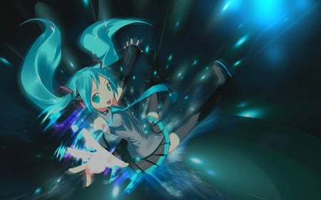 Hatsune Miku - aqua, headset, thighhighs, music, anime girl, stockings, art, cool, aqua eyes, artistic, hatsune miku, skirt, light, song, vocaloids, program, glow, vocaloid, beautiful, uniform, diva, beauty, nice, twintail, singer, aqua hair, long socks, black, virtual, pretty, idol, anime, miku, cute, girl, cg, hatsune, microphone, blue, headphones, tie, awesome, digital, gray, outfit