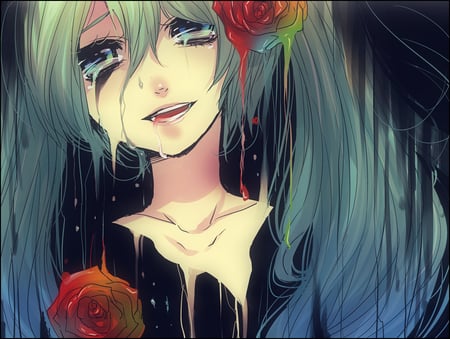 hatsune miku - flowers, blush, aqua hair, long hair, blue eyes