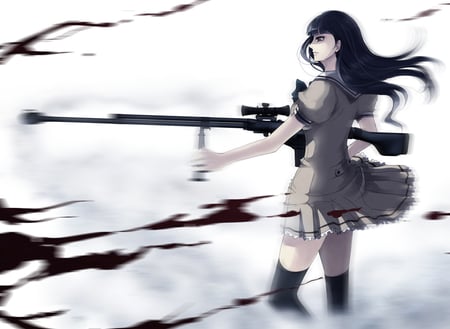 prixxie - ice, long hair, weapon, uniform, black hair, dress