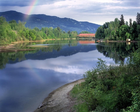 Rainbow and Covered Bridge Idaho - lake, mountains, trees, water