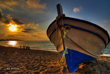 time_to_rest - sky, beach, sun, sunset, nature, ship, clouds, 3d, boat