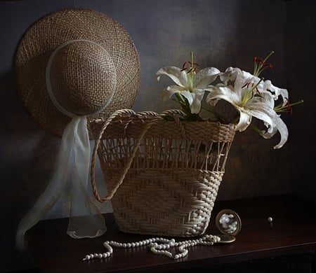 Still Life - lilies, pearls, hat, still life, purse, nature, pretty, lily, mirror, beautiful, flowers