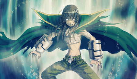 Insane Warrior - anime, saten, cape, girl, brown hair, cool, flowers, parody, green, drawfag, crossover, sexy, long hair-needless