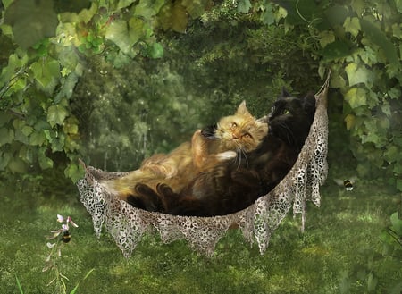 cats_in_love - paint, love, art, forest, couple, cats, 3d