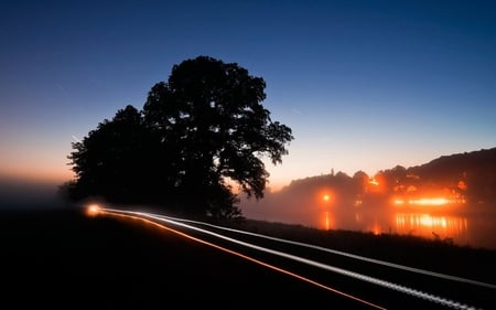 Speed - black, fantasy, blue, speedy, road, tree, dark, sky