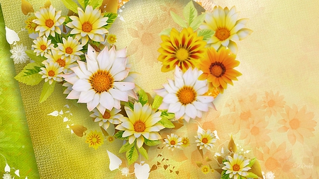 Sunshine Yellow - vines, yellow, summer, daisy, burlap, firefox persona, flowers, fall, autumn, green, floral