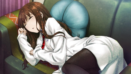 steins;gate - makise kurisu, huke, sleep, brown hairbed, long hair