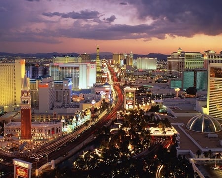 Las Vegas Boulevard at Dusk Nevada - hotels, clouds, city, lights