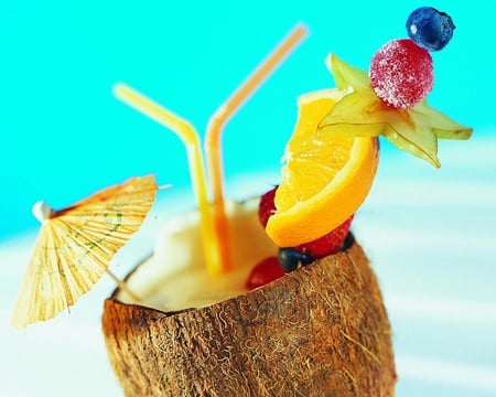 Refreshing - sun, delicious, pretty, umbrella, orange, yummy, drink, citrus, fruits, cocktail, summer, cherry, fruit, coconut, lemon, blue, sea