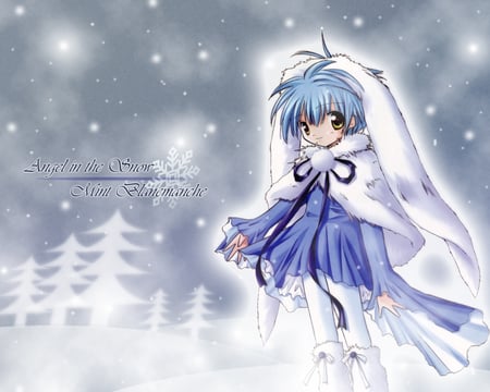 Angel in the Snow - snowfall, galaxy angel, snow, mint, anime, winter, tree, rabbit ears