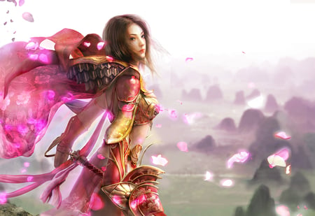 Legend Of Mir - female warrior, fantasy warrior, sakura petals, beautiful lady, sword, fantasy, armor, legend of mir