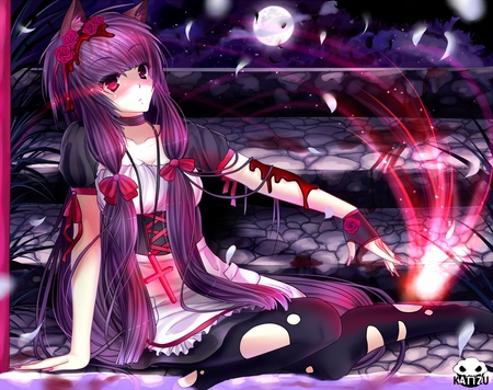 anime girls - moon, red, dress, long hair, purple hair, red eyes