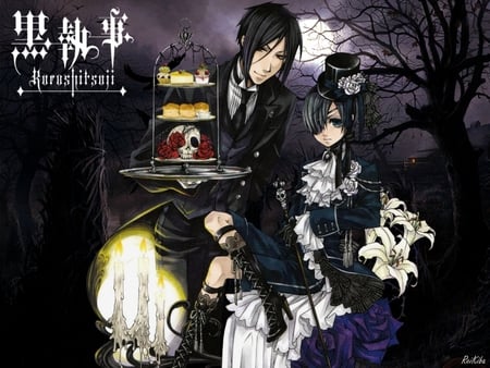 Midnight Tea - moon, ciel, anime, kuroshitsuji, tea, gothic, phantomhive, lily, sebastian, full, michealis, midnight