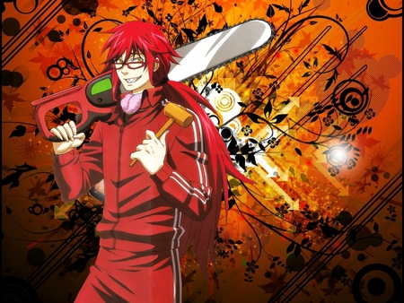 Gardener Shinigami - shinigami, gardening, hammer, kuroshitsuji, grell, chainsaw, red, anime, griel