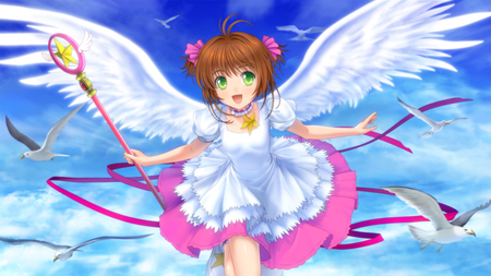 Kinomoto Sakura - kinomoto sakura, sky, angel, female, girl, feathers, wand, pigtails, wings, clouds, anime, birds