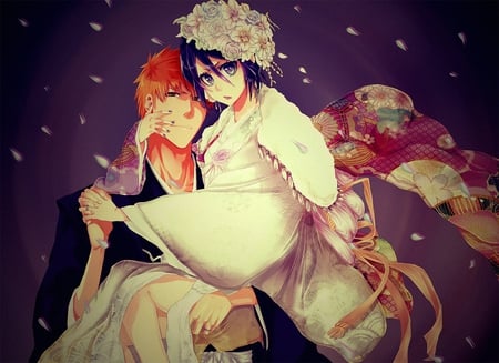 Rukia X Ichigo - flowers, kurosaki, kuchiki, rukia, bleach, ichigo, kimono, petals