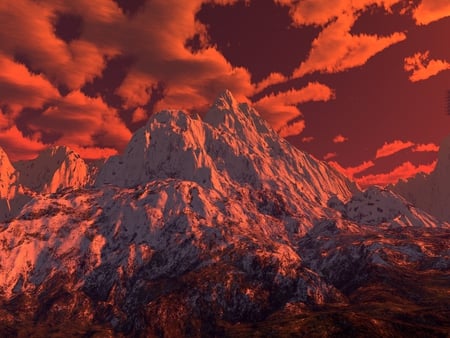 3D scene - red, sky, mountains, digital, 3d