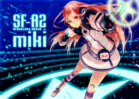 Miki - star, vocaloid, female, blue, neon, phones, a2, long, pink, hair, miki, head, sf