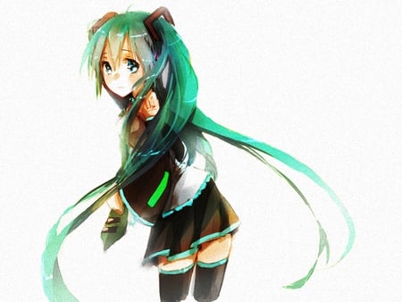 Hatsune Miku - aqua, hot, headset, thighhighs, music, anime girl, stockings, white, art, cool, aqua eyes, artistic, hatsune miku, sexy, skirt, song, vocaloids, program, vocaloid, beautiful, uniform, diva, beauty, nice, twintail, singer, aqua hair, long socks, black, virtual, pretty, idol, green, anime, miku, cute, girl, cg, hatsune, microphone, blue, headphones, tie, awesome, digital, outfit