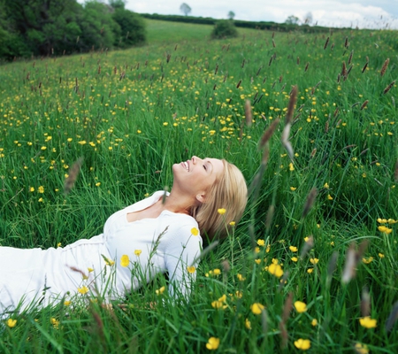 Happy Blonde - female, people, woman, green, field, flower, gras, happy