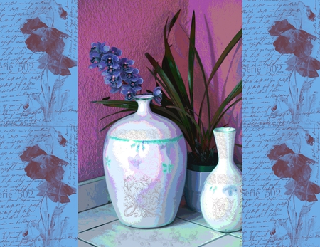 Orchid arrangement - orchid, still life, painting, blue