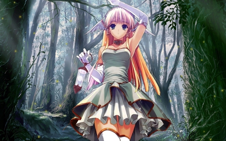 Anime Girl - anime, wings, dress, girl, cute, angel, woods