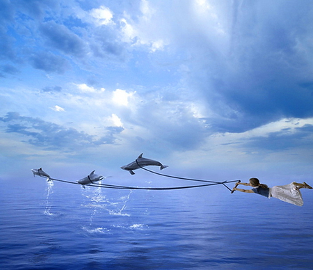 Breakaway - clouds, boy, dolphins, fantasy, blue, flying, ocean