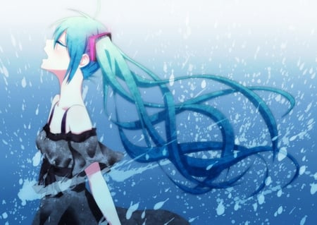 Hatsune Miku - aqua, hot, music, anime girl, white, art, cool, aqua eyes, artistic, hatsune miku, sexy, light, song, vocaloids, glow, program, vocaloid, beautiful, diva, dress, nice, beauty, twintail, singer, aqua hair, black, virtual, pretty, idol, anime, miku, cute, girl, cg, hatsune, blue, digital, awesome, splash