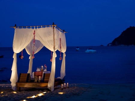 Private Dinner - tent, ocean, beach, sky, boats, candles, night, private, gazebo, nature, blue, beautiful, romance, sea, sand, dinner