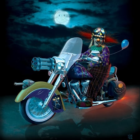 Twisted Biker Clown - moon, bike, dark, joker, adventure, 3d, action, night