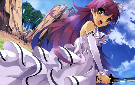 Anime - anime, dress, girl, sword, beauty, long hair, red hair, cute, sky, blue eyes