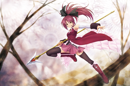 Sakura Kyouko - anime, ponytail, dress, girl, beauty, long hair, tree, red hair, mahou shoujo madoka magica, sakura kyouko, weapon